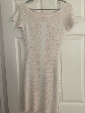BCBGMaxAzria Cream and Tan Scallop-Scoop Neck Dress
